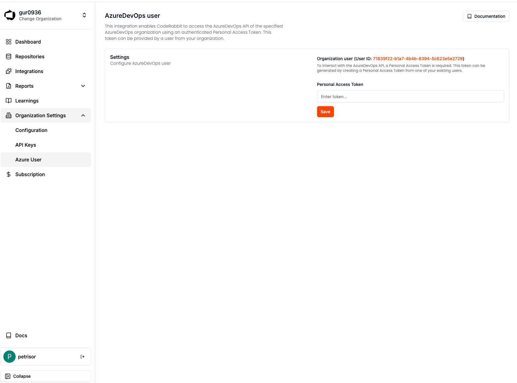 Azure DevOps integration settings page showing organization user ID and personal access token input field for CodeRabbit configuration