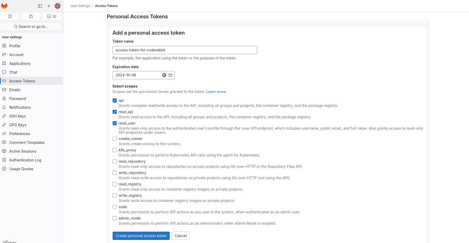 GitLab personal access token configuration page showing token name input, expiration date selector, and API permission scopes including read/write access options