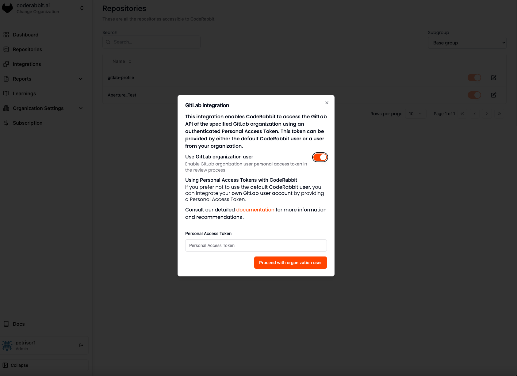 GitLab integration configuration modal showing personal access token input field and organization user setup with detailed instructions for token integration