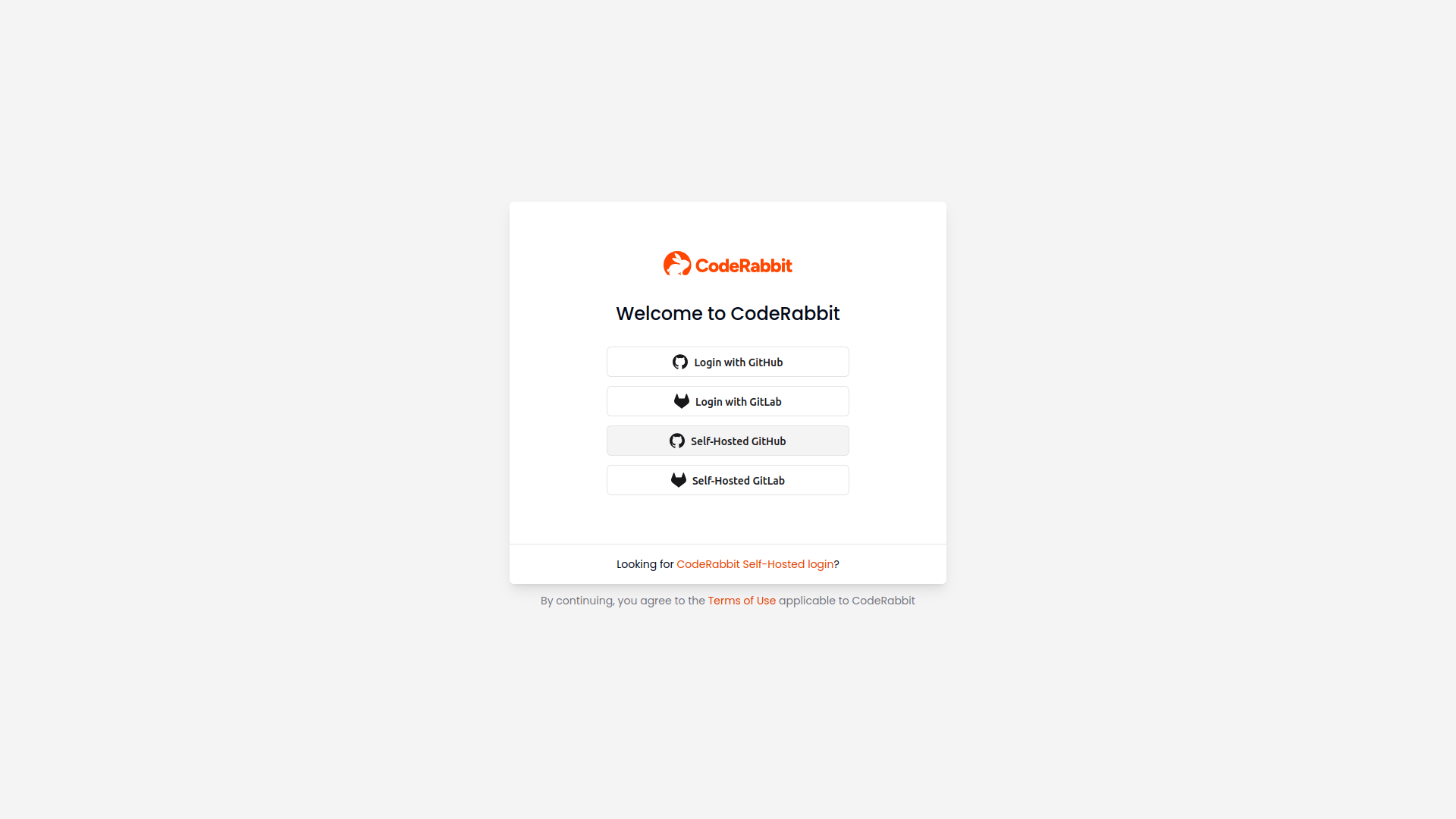 CodeRabbit login page displaying multiple sign-in options - Login with GitHub, Login with GitLab, Self-Hosted GitHub and GitLab