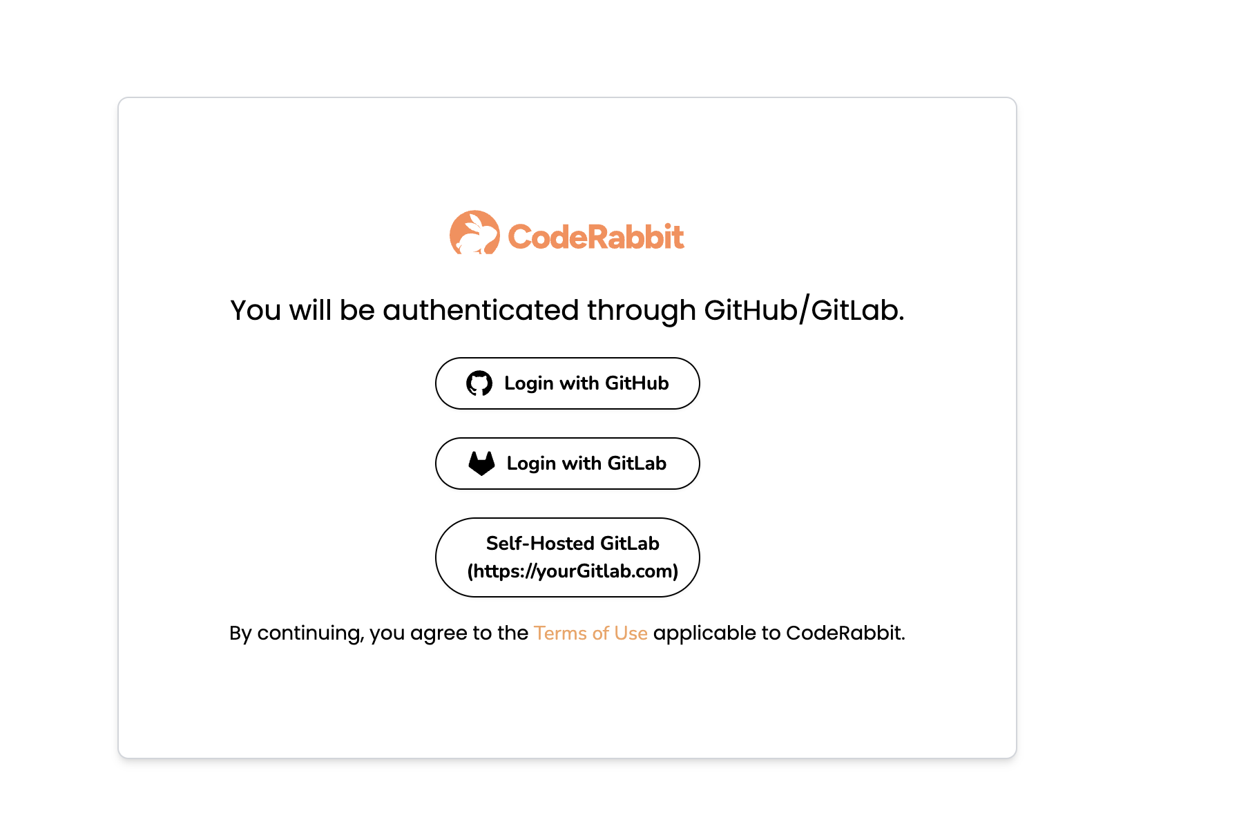 CodeRabbit authentication options page displaying three login choices - GitHub login button, GitLab login button, and Self-Hosted GitLab option